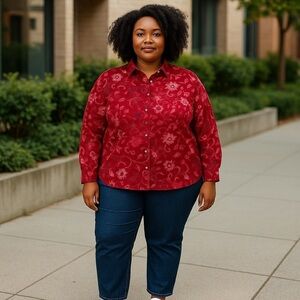 WOMENS MAINSTREET BLUES 3X Long Sleeve Red Bandana Print Button Down Blouse EUC